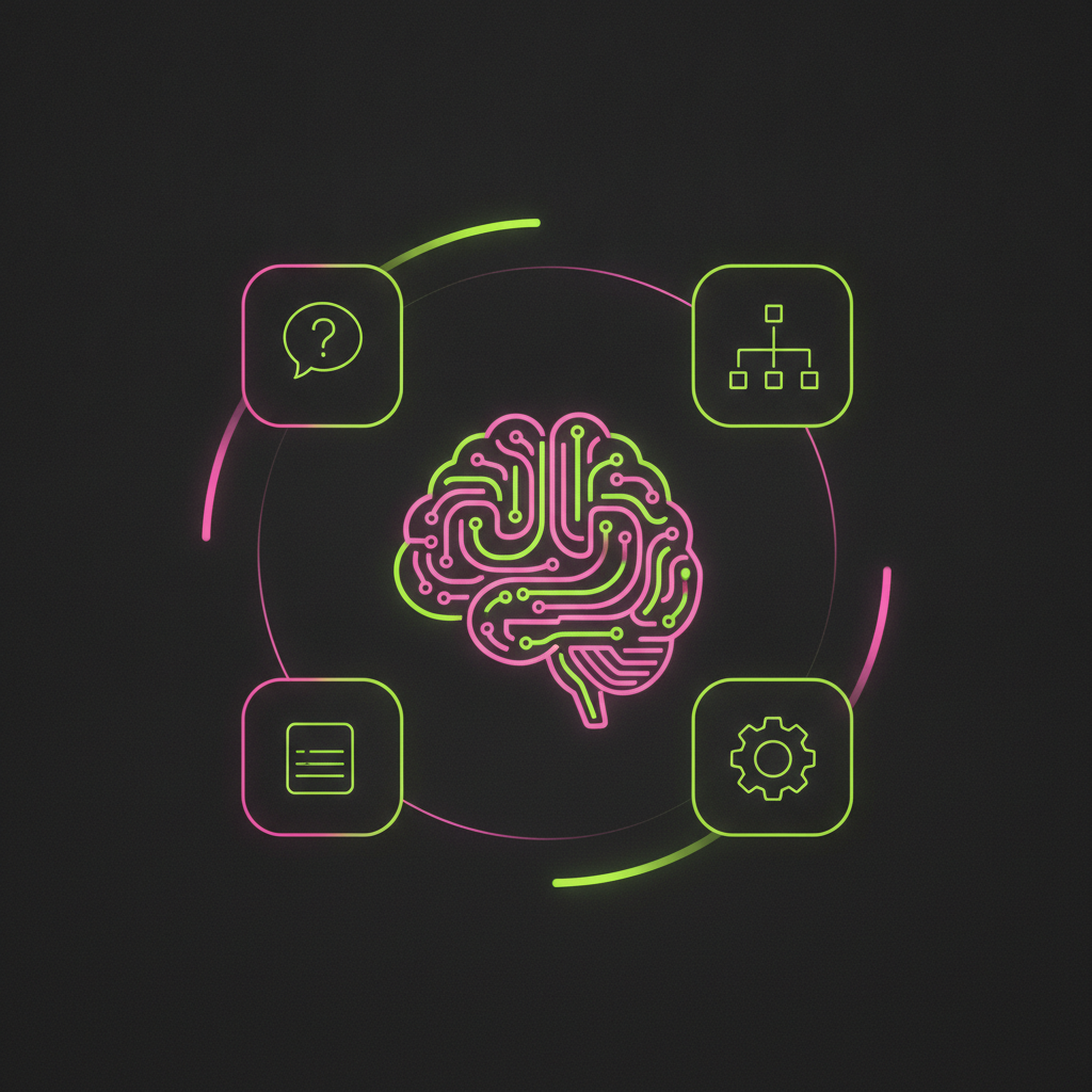 Neon brain circuit with question, structured prompt and settings icons